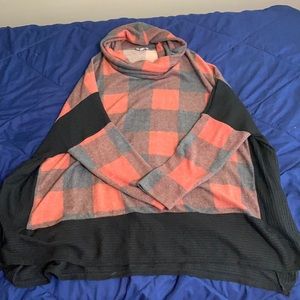 Buffalo plaid cowl neck sweater.